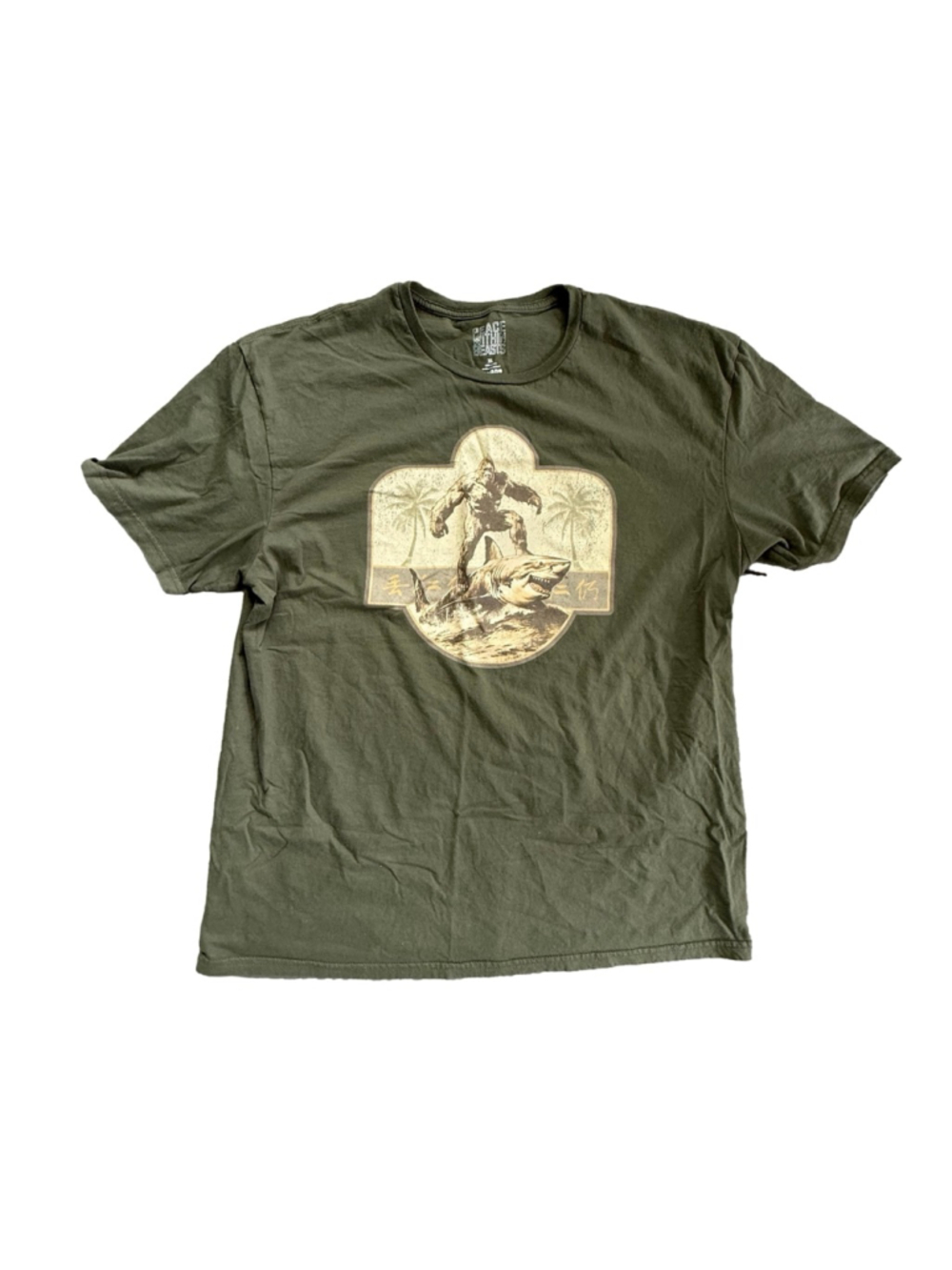 Peace Within Beasts Bigfoot Riding Shark T-Shirt - Olive Green - XL